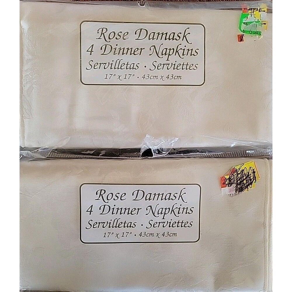 Rose Damask 8 Dinner Napkins Ivory New Old Stock Sealed Taiwan 17" X 17" Floral